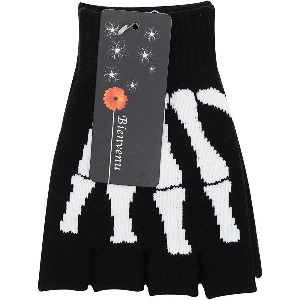 Unisex Skeleton Fingerless Gloves Knit Hand Warmers Soft Warm Fashion